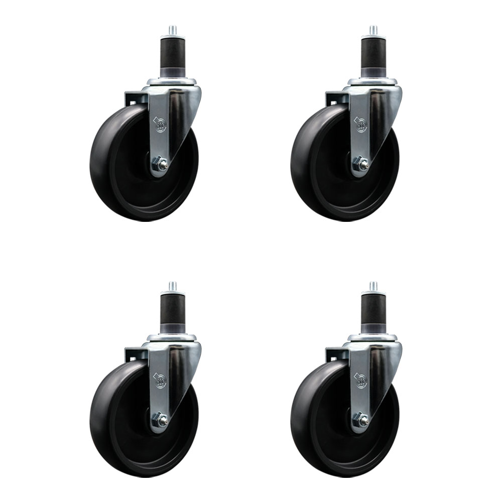 Polyolefin Swivel Expanding Stem Caster Wheels Set of 4 with 5 Inch Black Wheels and 1-5/8" Stems - Includes 4 Swivel - 1400 lbs. Total Capacity - Service Caster Brand — photo 1