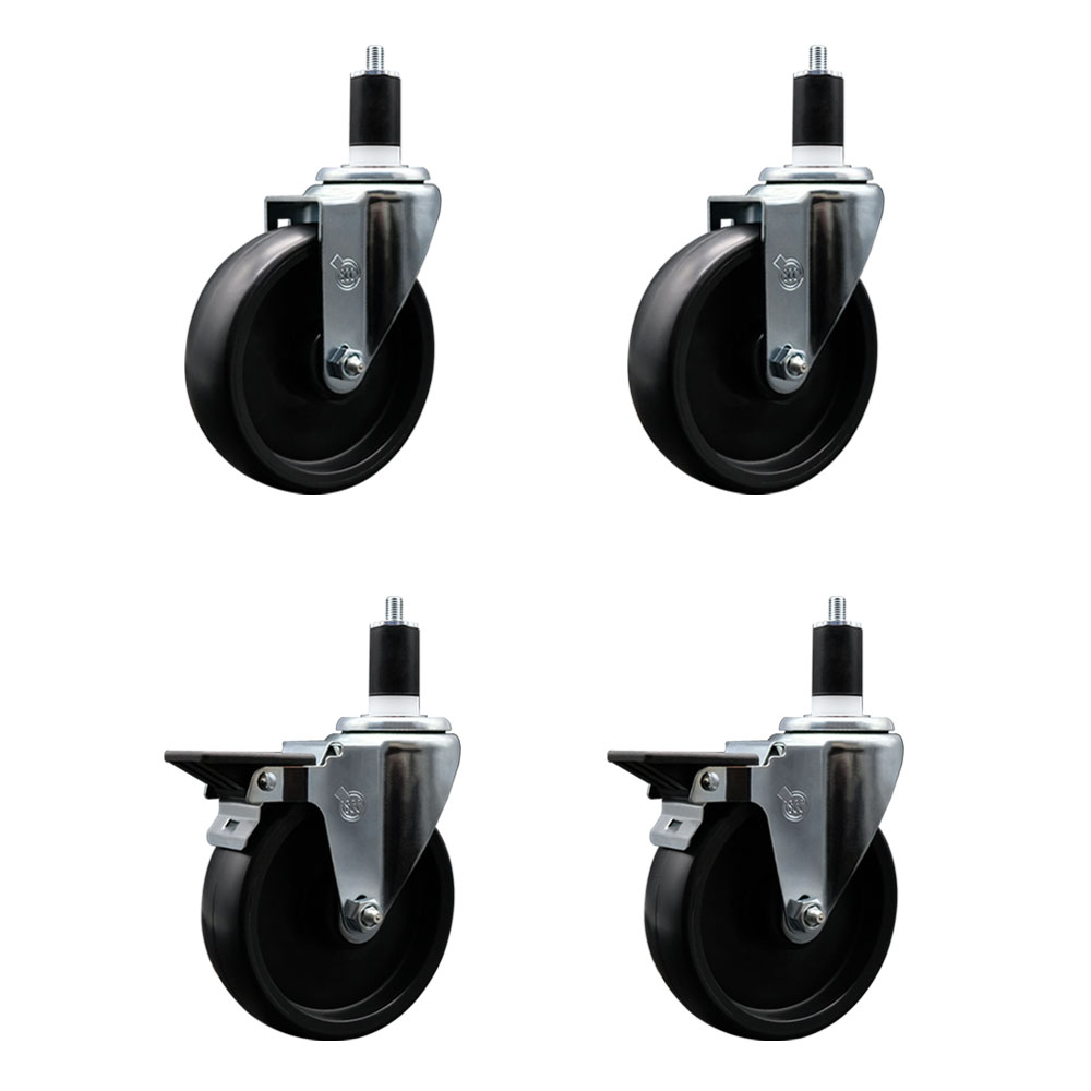 Polyolefin Swivel Expanding Stem Caster Wheels Set of 4 with 5 Inch Black Wheels and 1-1/2" Stems - Includes 2 Swivel with Posi Lock Brakes and 2 Swivel-1400 lbs. Total Capacity - Service Caster Brand — photo 1