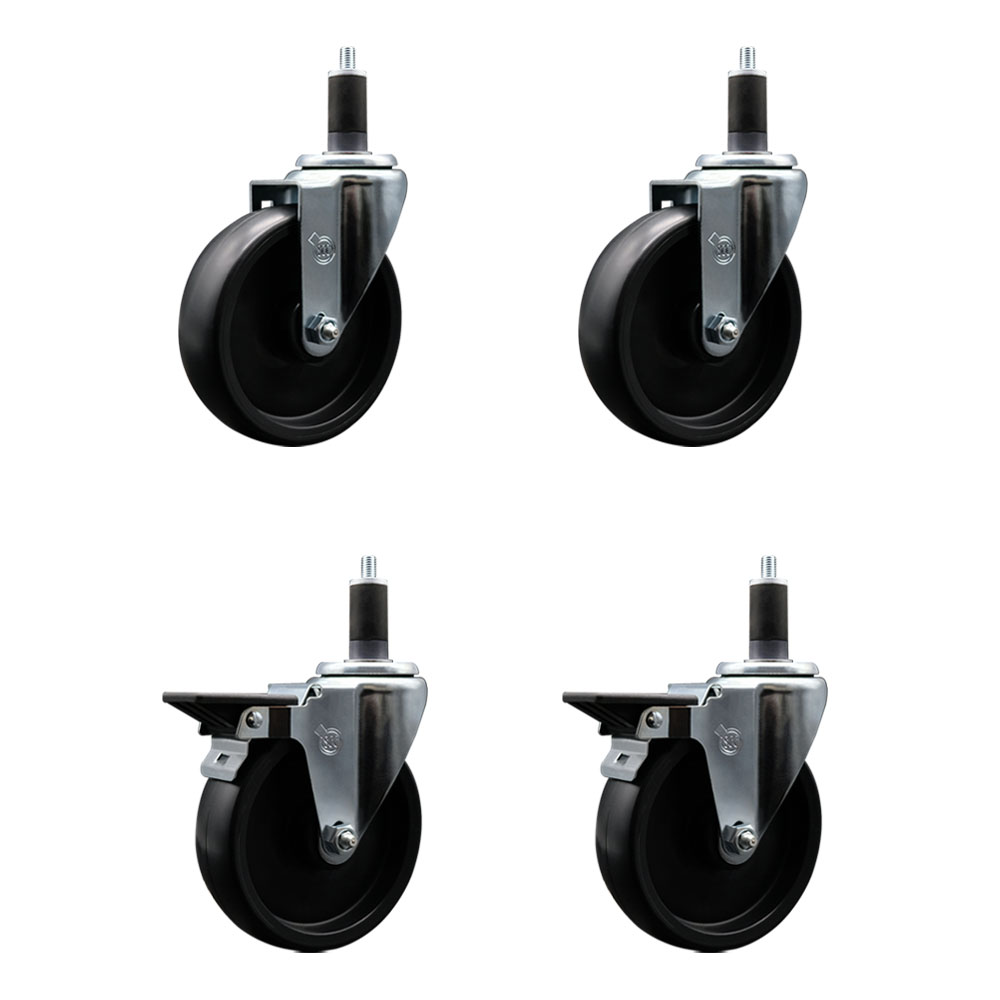 Polyolefin Swivel Expanding Stem Caster Wheels Set of 4 with 5 Inch Black Wheels and 1-1/4" Stems - Includes 2 Swivel with Posi Lock Brakes and 2 Swivel-1400 lbs. Total Capacity - Service Caster Brand — photo 1
