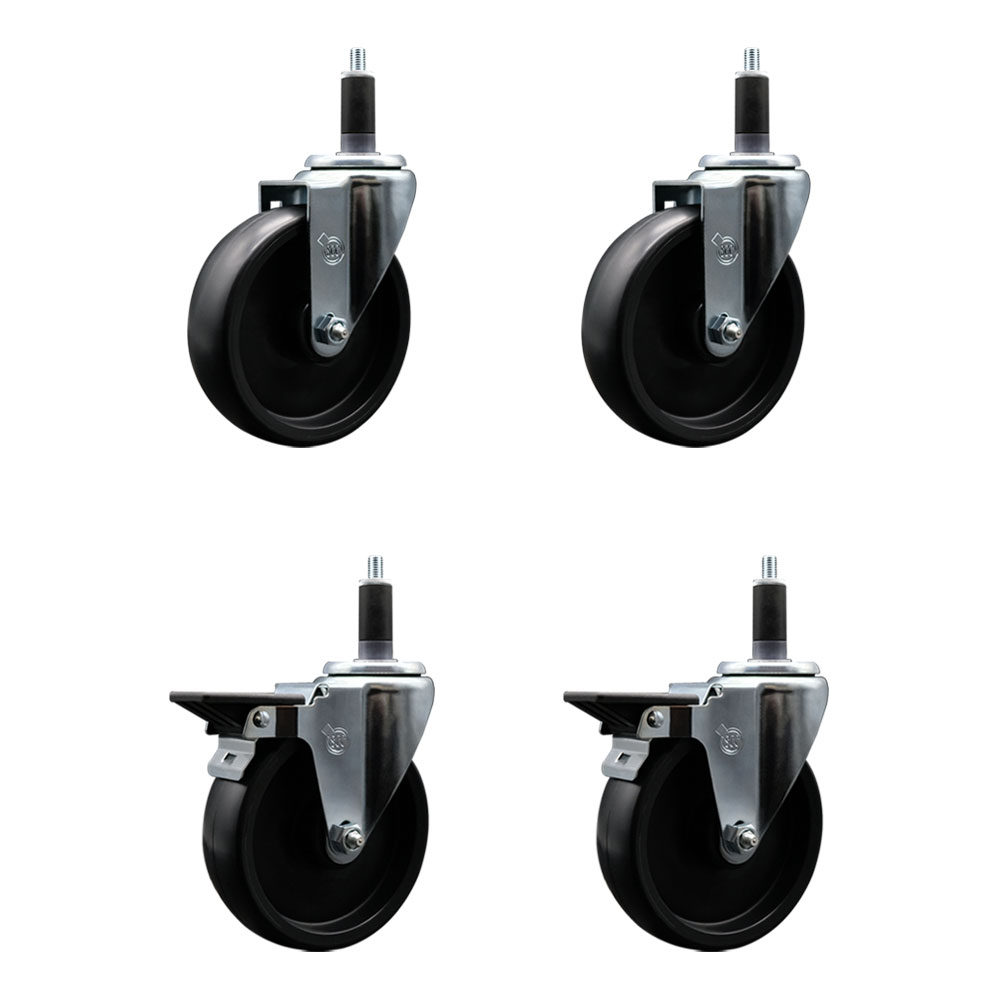 Polyolefin Swivel Expanding Stem Caster Wheels Set of 4 with 5 Inch Black Wheels and 1-1/8" Stems - Includes 2 Swivel with Posi Lock Brakes and 2 Swivel-1400 lbs. Total Capacity - Service Caster Brand — photo 1