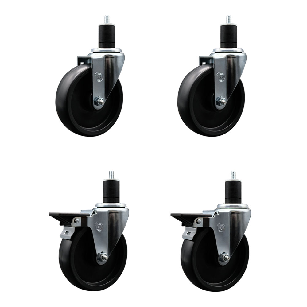 Polyolefin Swivel Expanding Stem Caster Wheels Set of 4 with 5 Inch Black Wheels and 1-3/4" Stems - Includes 2 Swivel with Posi Lock Brakes and 2 Swivel-1400 lbs. Total Capacity - Service Caster Brand — photo 1