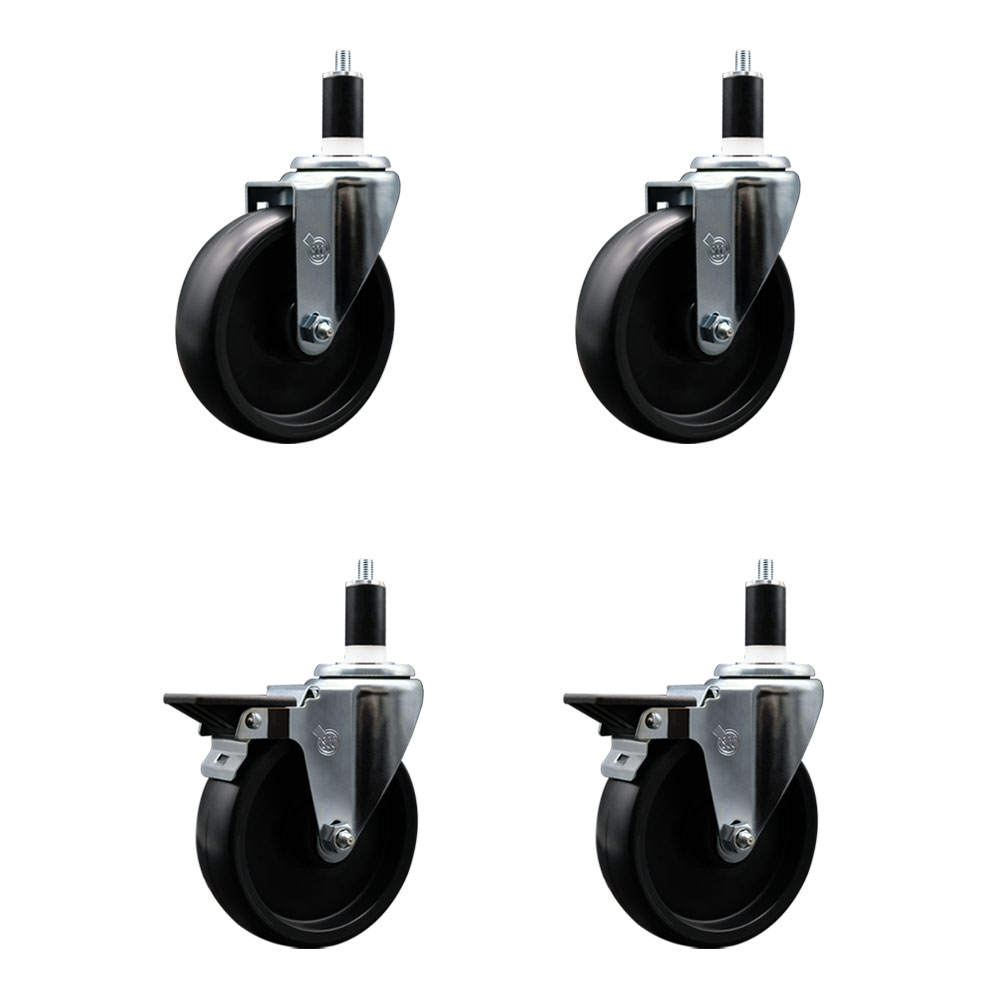 Polyolefin Swivel Expanding Stem Caster Wheels Set of 4 with 5 Inch Black Wheels and 1-3/8" Stems - Includes 2 Swivel with Posi Lock Brakes and 2 Swivel-1400 lbs. Total Capacity - Service Caster Brand — photo 1