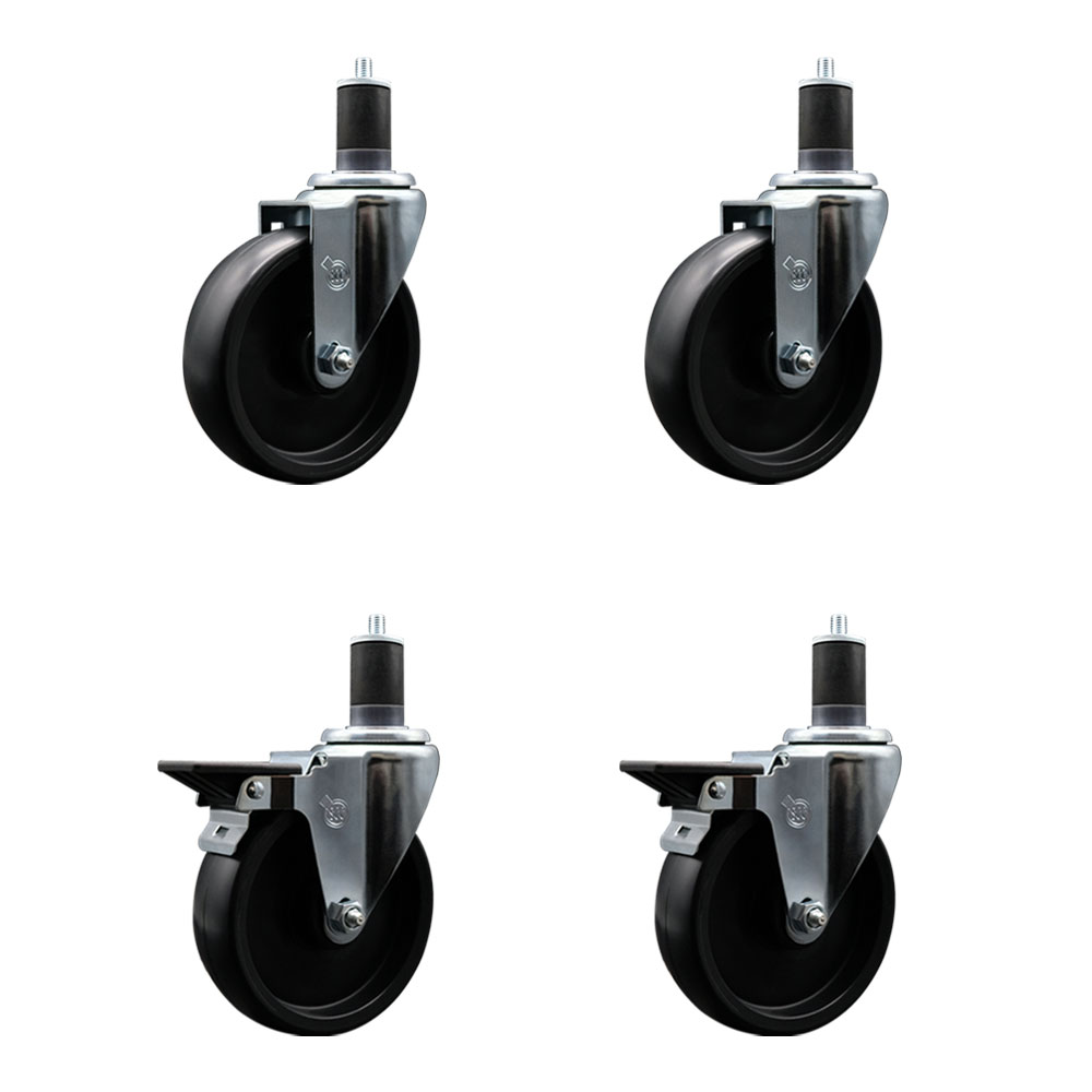 Polyolefin Swivel Expanding Stem Caster Wheels Set of 4 with 5 Inch Black Wheels and 1-5/8" Stems - Includes 2 Swivel with Posi Lock Brakes and 2 Swivel-1400 lbs. Total Capacity - Service Caster Brand — photo 1