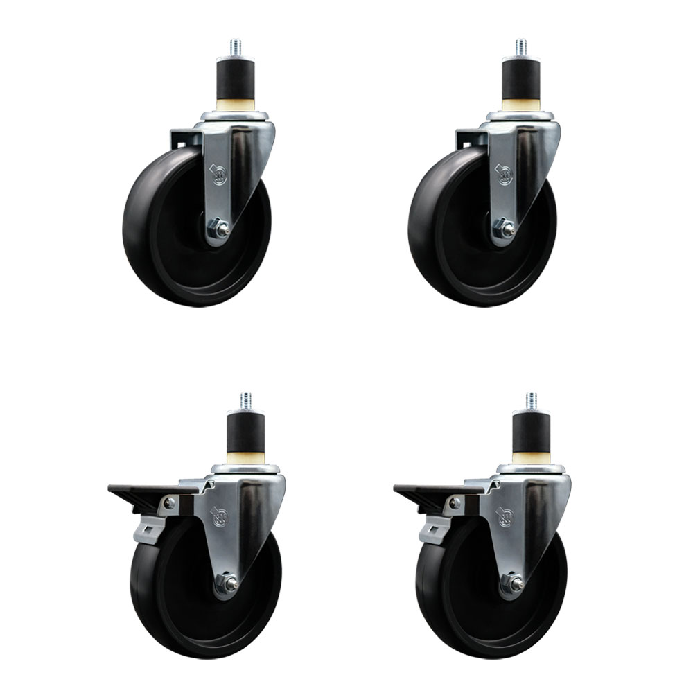 Polyolefin Swivel Expanding Stem Caster Wheels Set of 4 with 5 Inch Black Wheels and 1-7/8" Stems - Includes 2 Swivel with Posi Lock Brakes and 2 Swivel-1400 lbs. Total Capacity - Service Caster Brand — photo 1