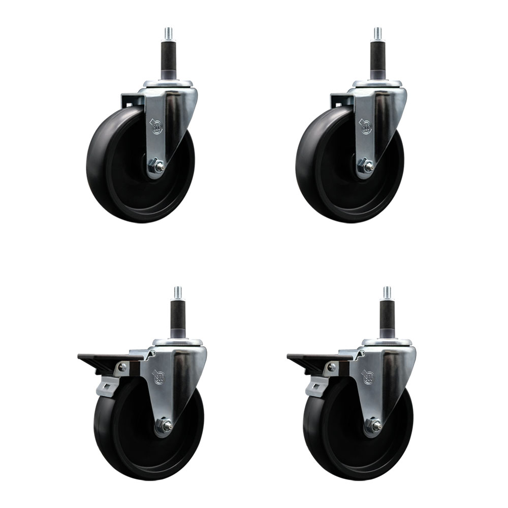 Polyolefin Swivel Expanding Stem Caster Wheels Set of 4 with 5 Inch Black Wheels and 1" Stems - Includes 2 Swivel with Posi Lock Brakes and 2 Swivel-1400 lbs. Total Capacity - Service Caster Brand — photo 1
