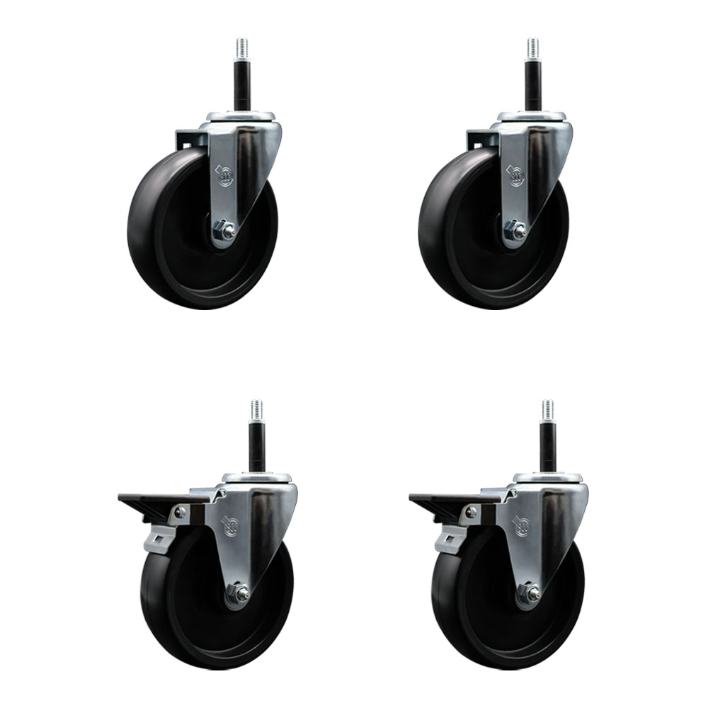Polyolefin Swivel Expanding Stem Caster Wheels Set of 4 with 5 Inch Black Wheels and 3/4" Stems - Includes 2 Swivel with Posi Lock Brakes and 2 Swivel-1400 lbs. Total Capacity - Service Caster Brand — photo 1