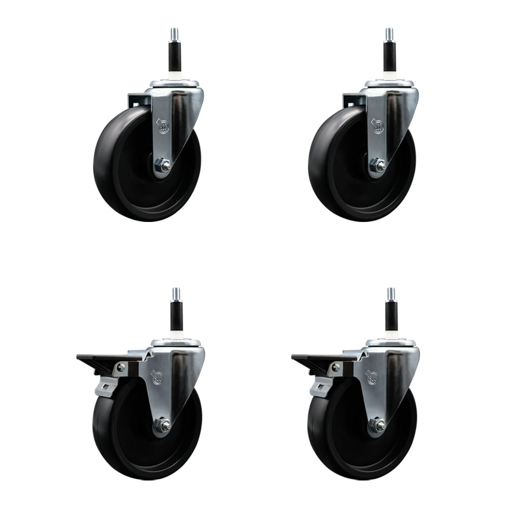 Polyolefin Swivel Expanding Stem Caster Wheels Set of 4 with 5 Inch Black Wheels and 7/8" Stems - Includes 2 Swivel with Posi Lock Brakes and 2 Swivel-1400 lbs. Total Capacity - Service Caster Brand — photo 1