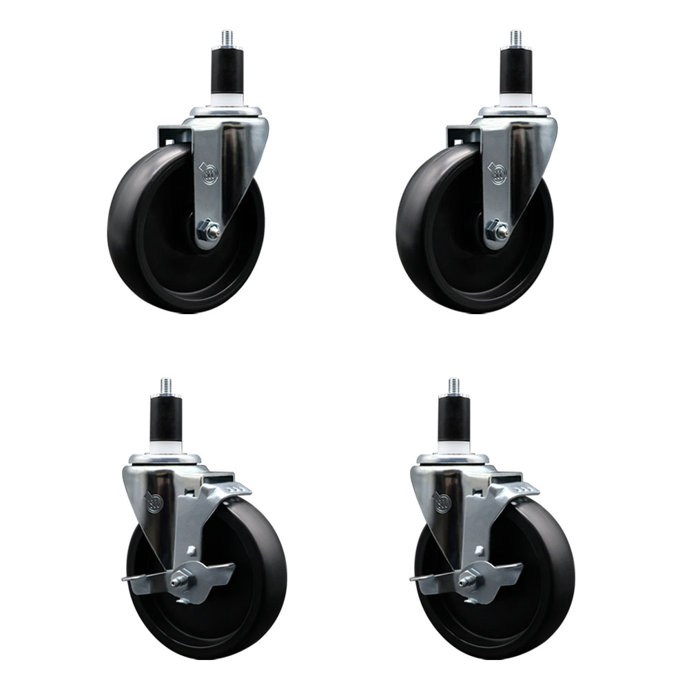 Polyolefin Swivel Expanding Stem Caster Wheels Set of 4 with 5 Inch Black Wheels and 1-1/2" Stems - Includes 2 Swivel with Top Lock Brakes and 2 Swivel– 1400 lbs. Total Capacity - Service Caster Brand — photo 1