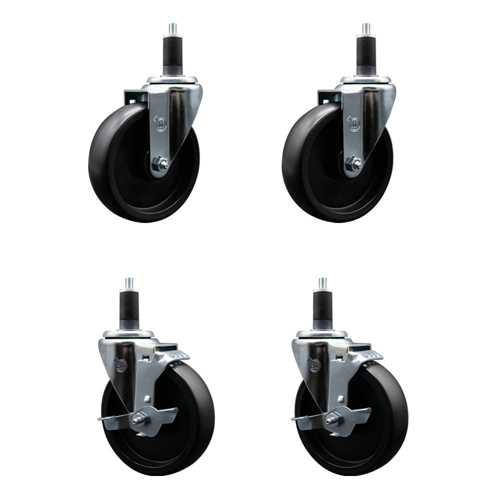 Polyolefin Swivel Expanding Stem Caster Wheels Set of 4 with 5 Inch Black Wheels and 1-1/4" Stems - Includes 2 Swivel with Top Lock Brakes and 2 Swivel– 1400 lbs. Total Capacity - Service Caster Brand — photo 1