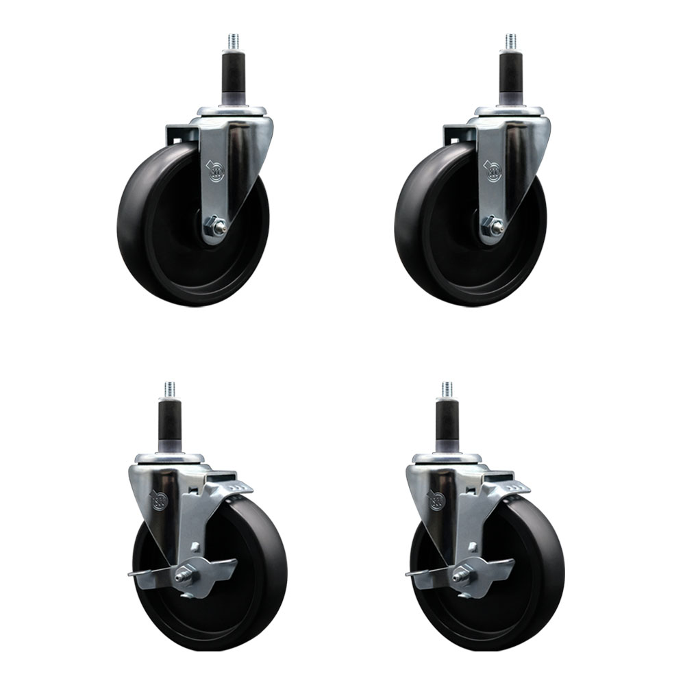 Polyolefin Swivel Expanding Stem Caster Wheels Set of 4 with 5 Inch Black Wheels and 1-1/8" Stems - Includes 2 Swivel with Top Lock Brakes and 2 Swivel– 1400 lbs. Total Capacity - Service Caster Brand — photo 1