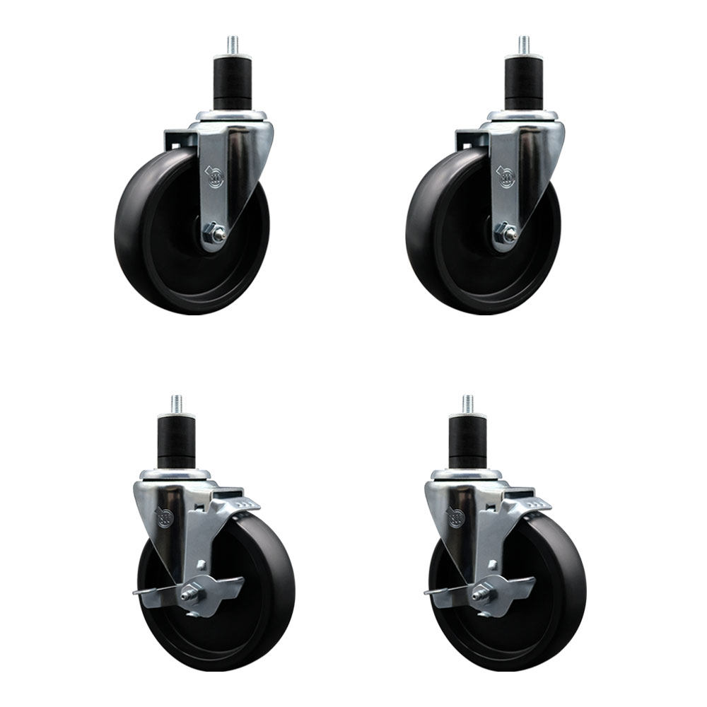Polyolefin Swivel Expanding Stem Caster Wheels Set of 4 with 5 Inch Black Wheels and 1-3/4" Stems - Includes 2 Swivel with Top Lock Brakes and 2 Swivel– 1400 lbs. Total Capacity - Service Caster Brand — photo 1