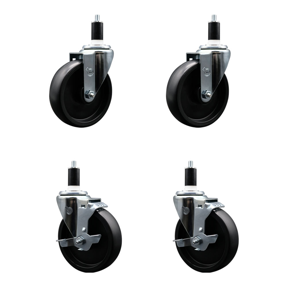 Polyolefin Swivel Expanding Stem Caster Wheels Set of 4 with 5 Inch Black Wheels and 1-3/8" Stems - Includes 2 Swivel with Top Lock Brakes and 2 Swivel– 1400 lbs. Total Capacity - Service Caster Brand — photo 1