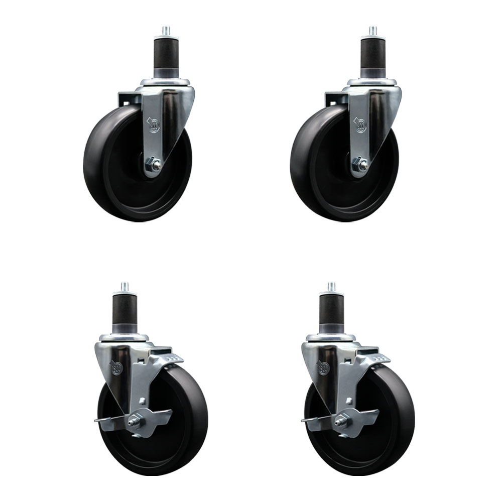 Polyolefin Swivel Expanding Stem Caster Wheels Set of 4 with 5 Inch Black Wheels and 1-5/8" Stems - Includes 2 Swivel with Top Lock Brakes and 2 Swivel– 1400 lbs. Total Capacity - Service Caster Brand — photo 1