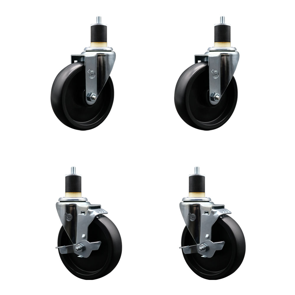 Polyolefin Swivel Expanding Stem Caster Wheels Set of 4 with 5 Inch Black Wheels and 1-7/8" Stems - Includes 2 Swivel with Top Lock Brakes and 2 Swivel– 1400 lbs. Total Capacity - Service Caster Brand — photo 1