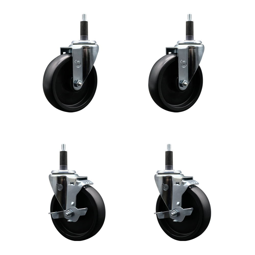 Polyolefin Swivel Expanding Stem Caster Wheels Set of 4 with 5 Inch Black Wheels and 1" Stems - Includes 2 Swivel with Top Lock Brakes and 2 Swivel– 1400 lbs. Total Capacity - Service Caster Brand — photo 1