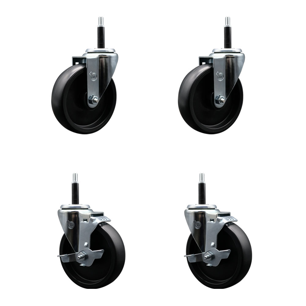 Polyolefin Swivel Expanding Stem Caster Wheels Set of 4 with 5 Inch Black Wheels and 3/4" Stems - Includes 2 Swivel with Top Lock Brakes and 2 Swivel– 1400 lbs. Total Capacity - Service Caster Brand — photo 1