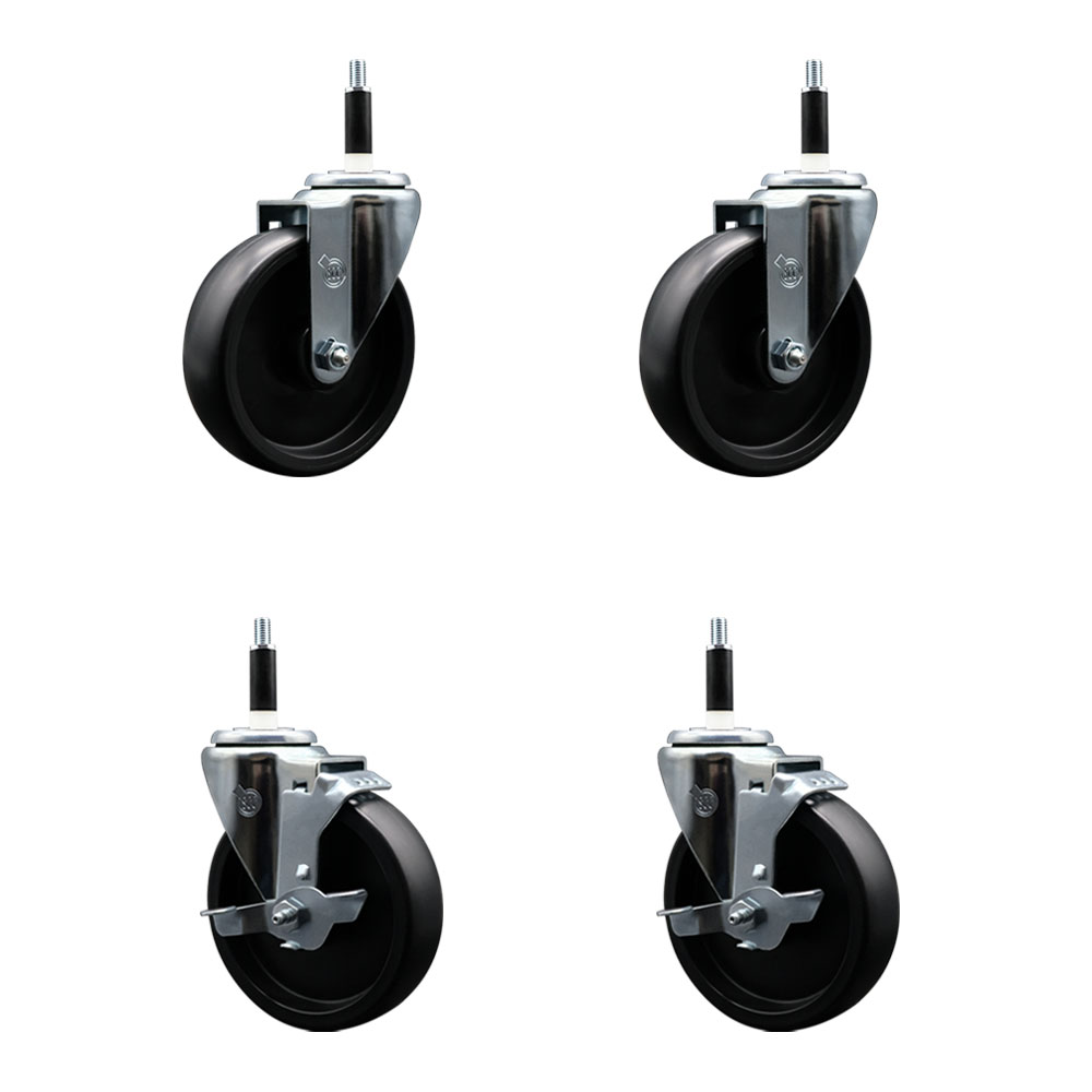Polyolefin Swivel Expanding Stem Caster Wheels Set of 4 with 5 Inch Black Wheels and 7/8" Stems - Includes 2 Swivel with Top Lock Brakes and 2 Swivel– 1400 lbs. Total Capacity - Service Caster Brand — photo 1