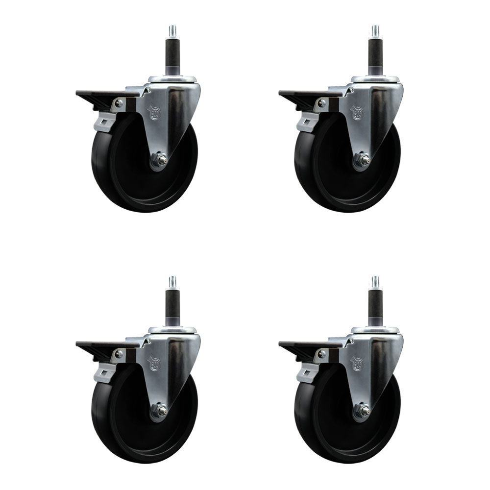 Polyolefin Swivel Expanding Stem Caster Wheels Set of 4 with 5 Inch Black Wheels and 1" Stems - Includes 4 Swivel with Posi Lock Brakes - 1400 lbs. Total Capacity - Service Caster Brand — photo 1