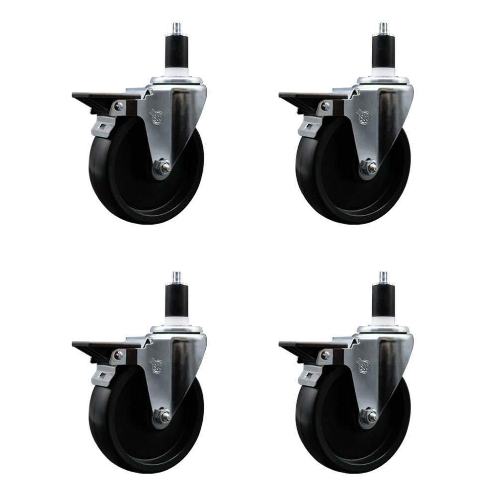 Polyolefin Swivel Expanding Stem Caster Wheels Set of 4 with 5 Inch Black Wheels and 1-1/2" Stems - Includes 4 Swivel with Posi Lock Brakes - 1400 lbs. Total Capacity - Service Caster Brand — photo 1