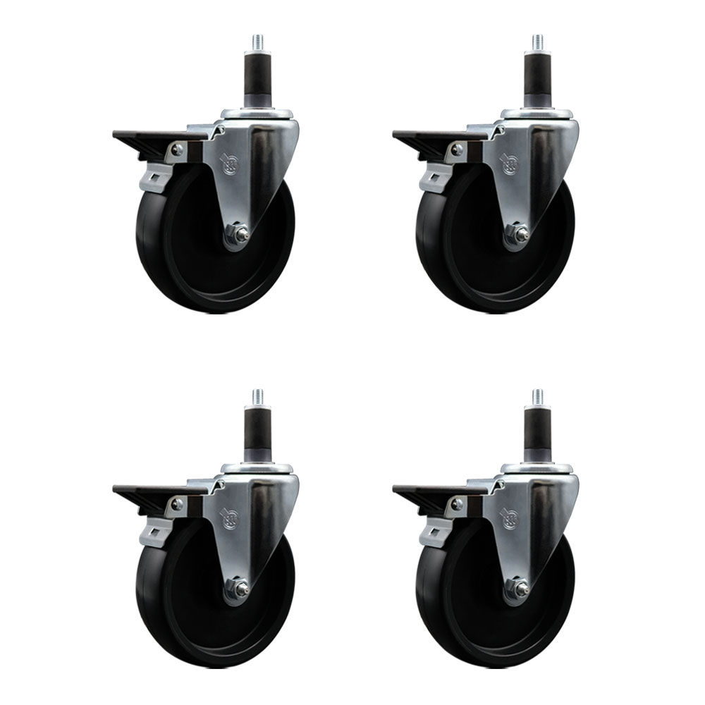Polyolefin Swivel Expanding Stem Caster Wheels Set of 4 with 5 Inch Black Wheels and 1-1/4" Stems - Includes 4 Swivel with Posi Lock Brakes - 1400 lbs. Total Capacity - Service Caster Brand — photo 1