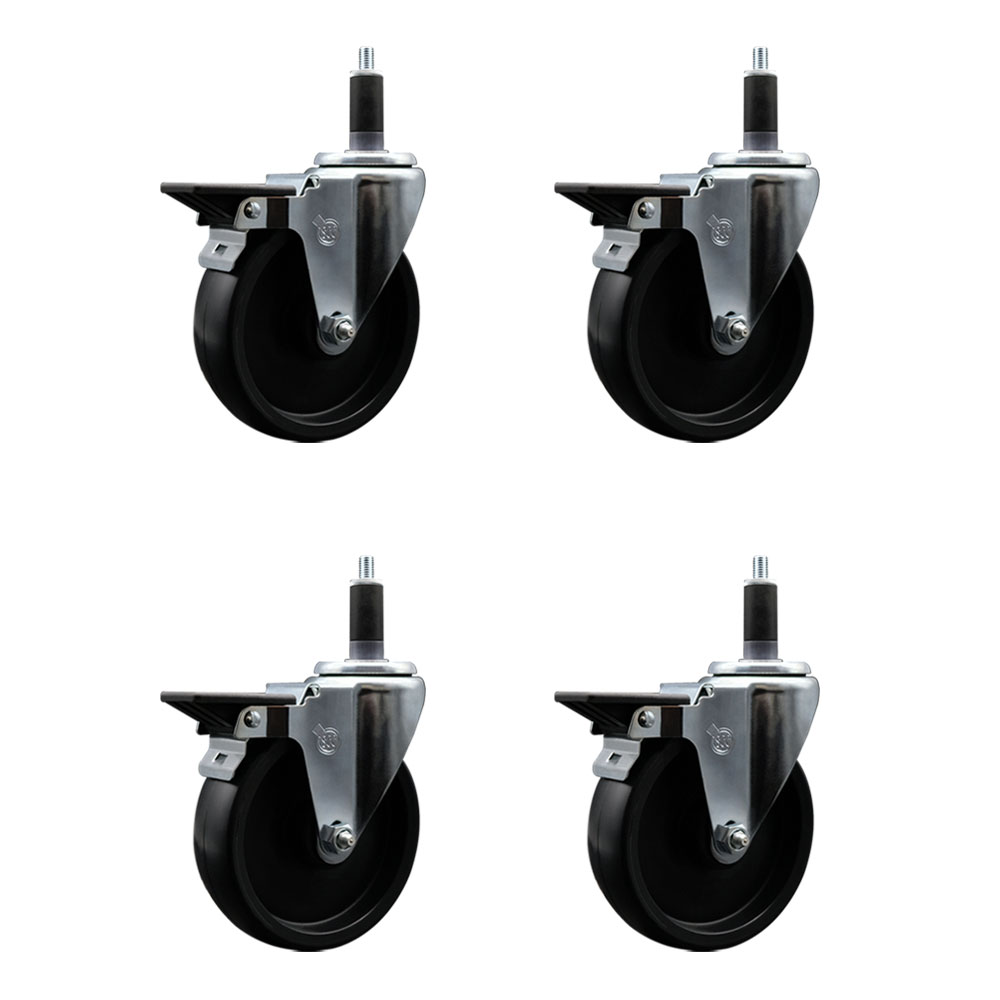 Polyolefin Swivel Expanding Stem Caster Wheels Set of 4 with 5 Inch Black Wheels and 1-1/8" Stems - Includes 4 Swivel with Posi Lock Brakes - 1400 lbs. Total Capacity - Service Caster Brand — photo 1