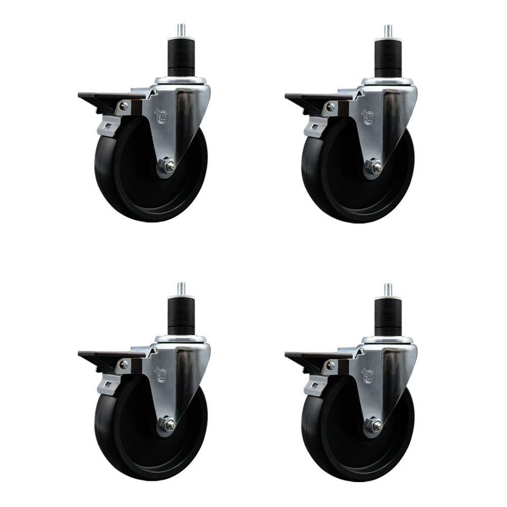Polyolefin Swivel Expanding Stem Caster Wheels Set of 4 with 5 Inch Black Wheels and 1-3/4" Stems - Includes 4 Swivel with Posi Lock Brakes - 1400 lbs. Total Capacity - Service Caster Brand — photo 1