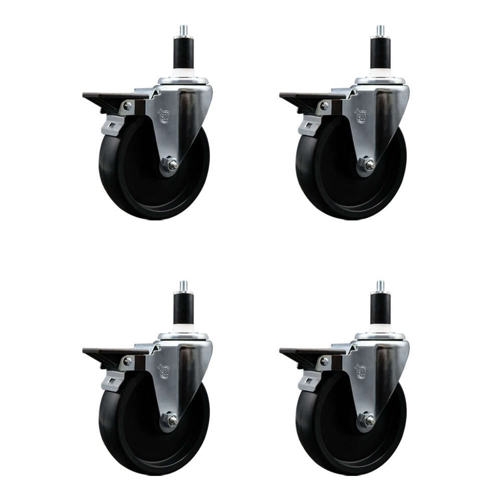 Polyolefin Swivel Expanding Stem Caster Wheels Set of 4 with 5 Inch Black Wheels and 1-3/8" Stems - Includes 4 Swivel with Posi Lock Brakes - 1400 lbs. Total Capacity - Service Caster Brand — photo 1