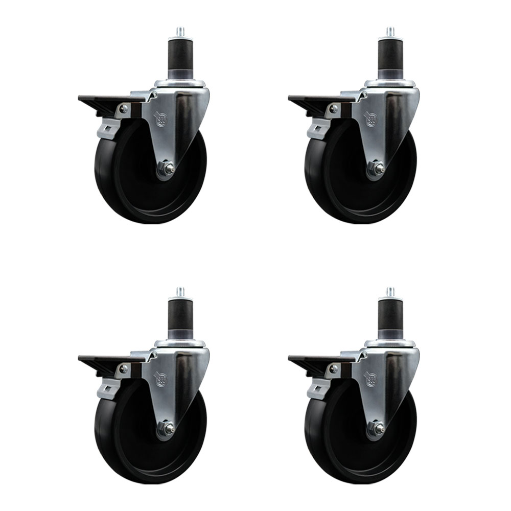 Polyolefin Swivel Expanding Stem Caster Wheels Set of 4 with 5 Inch Black Wheels and 1-5/8" Stems - Includes 4 Swivel with Posi Lock Brakes - 1400 lbs. Total Capacity - Service Caster Brand — photo 1