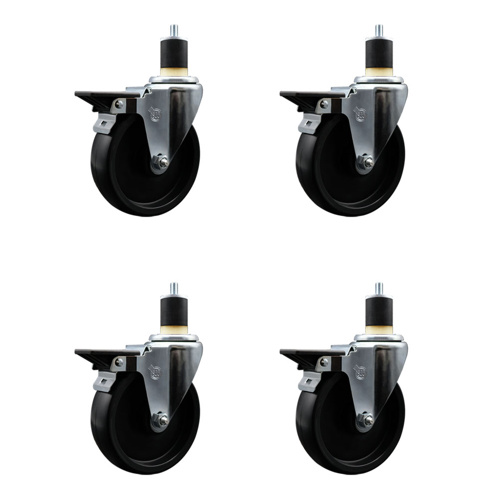 Polyolefin Swivel Expanding Stem Caster Wheels Set of 4 with 5 Inch Black Wheels and 1-7/8" Stems - Includes 4 Swivel with Posi Lock Brakes - 1400 lbs. Total Capacity - Service Caster Brand — photo 1