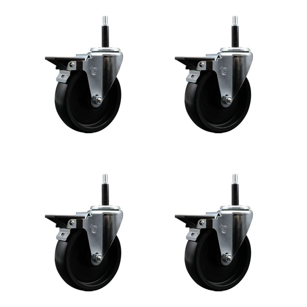 Polyolefin Swivel Expanding Stem Caster Wheels Set of 4 with 5 Inch Black Wheels and 3/4" Stems - Includes 4 Swivel with Posi Lock Brakes - 1400 lbs. Total Capacity - Service Caster Brand — photo 1