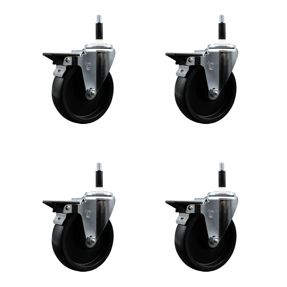 Polyolefin Swivel Expanding Stem Caster Wheels Set of 4 with 5 Inch Black Wheels and 7/8" Stems - Includes 4 Swivel with Posi Lock Brakes - 1400 lbs. Total Capacity - Service Caster Brand — photo 1