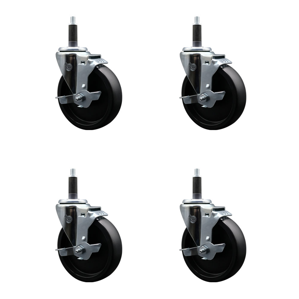 Polyolefin Swivel Expanding Stem Caster Wheels Set of 4 with 5 Inch Black Wheels and 1" Stems - Includes 4 Swivel with Top Lock Brakes - 1400 lbs. Total Capacity - Service Caster Brand — photo 1
