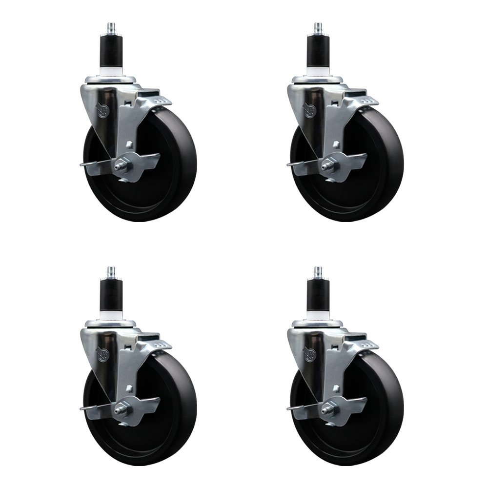 Polyolefin Swivel Expanding Stem Caster Wheels Set of 4 with 5 Inch Black Wheels and 1-1/2" Stems - Includes 4 Swivel with Top Lock Brakes - 1400 lbs. Total Capacity - Service Caster Brand — photo 1