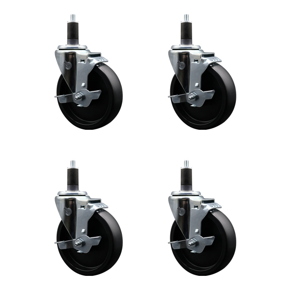 Polyolefin Swivel Expanding Stem Caster Wheels Set of 4 with 5 Inch Black Wheels and 1-1/4" Stems - Includes 4 Swivel with Top Lock Brakes - 1400 lbs. Total Capacity - Service Caster Brand — photo 1