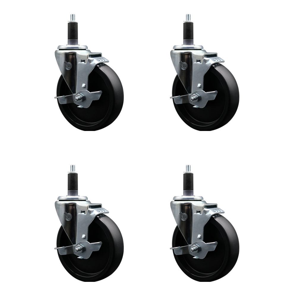 Polyolefin Swivel Expanding Stem Caster Wheels Set of 4 with 5 Inch Black Wheels and 1-1/8" Stems - Includes 4 Swivel with Top Lock Brakes - 1400 lbs. Total Capacity - Service Caster Brand — photo 1