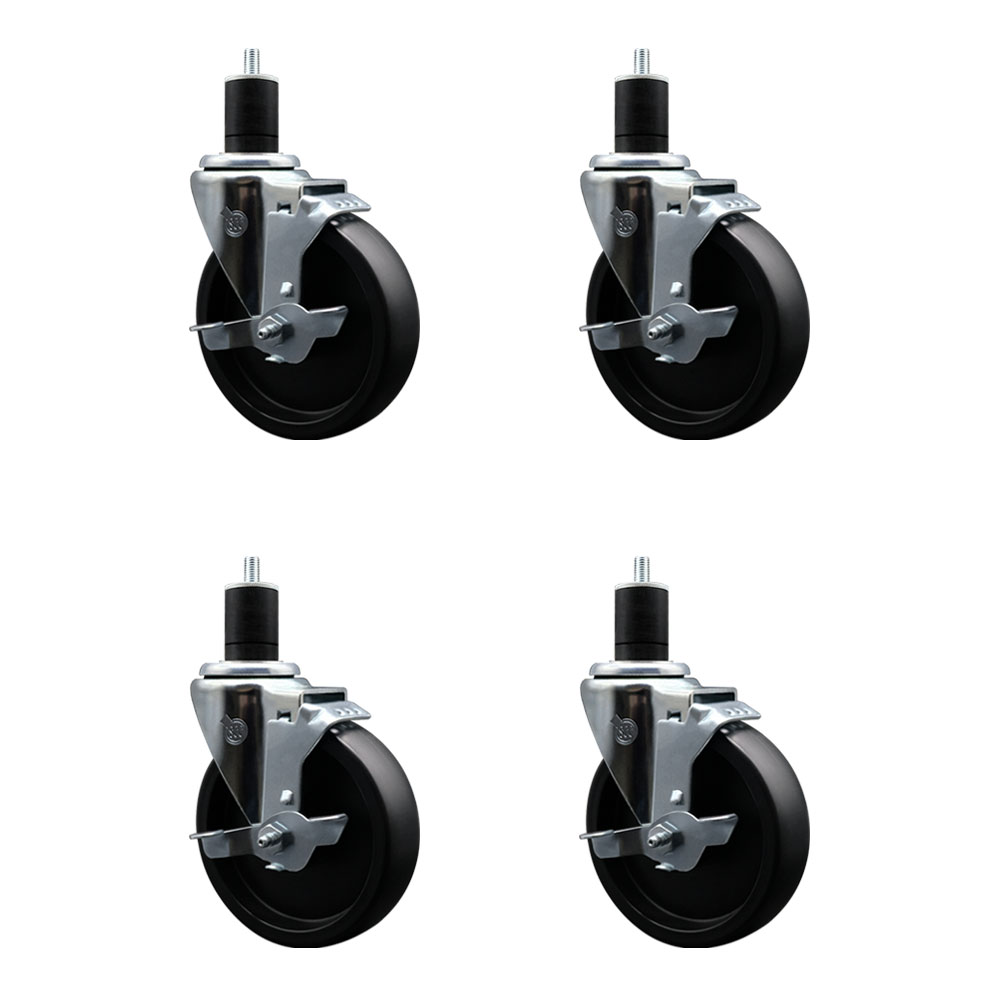 Polyolefin Swivel Expanding Stem Caster Wheels Set of 4 with 5 Inch Black Wheels and 1-3/4" Stems - Includes 4 Swivel with Top Lock Brakes - 1400 lbs. Total Capacity - Service Caster Brand — photo 1