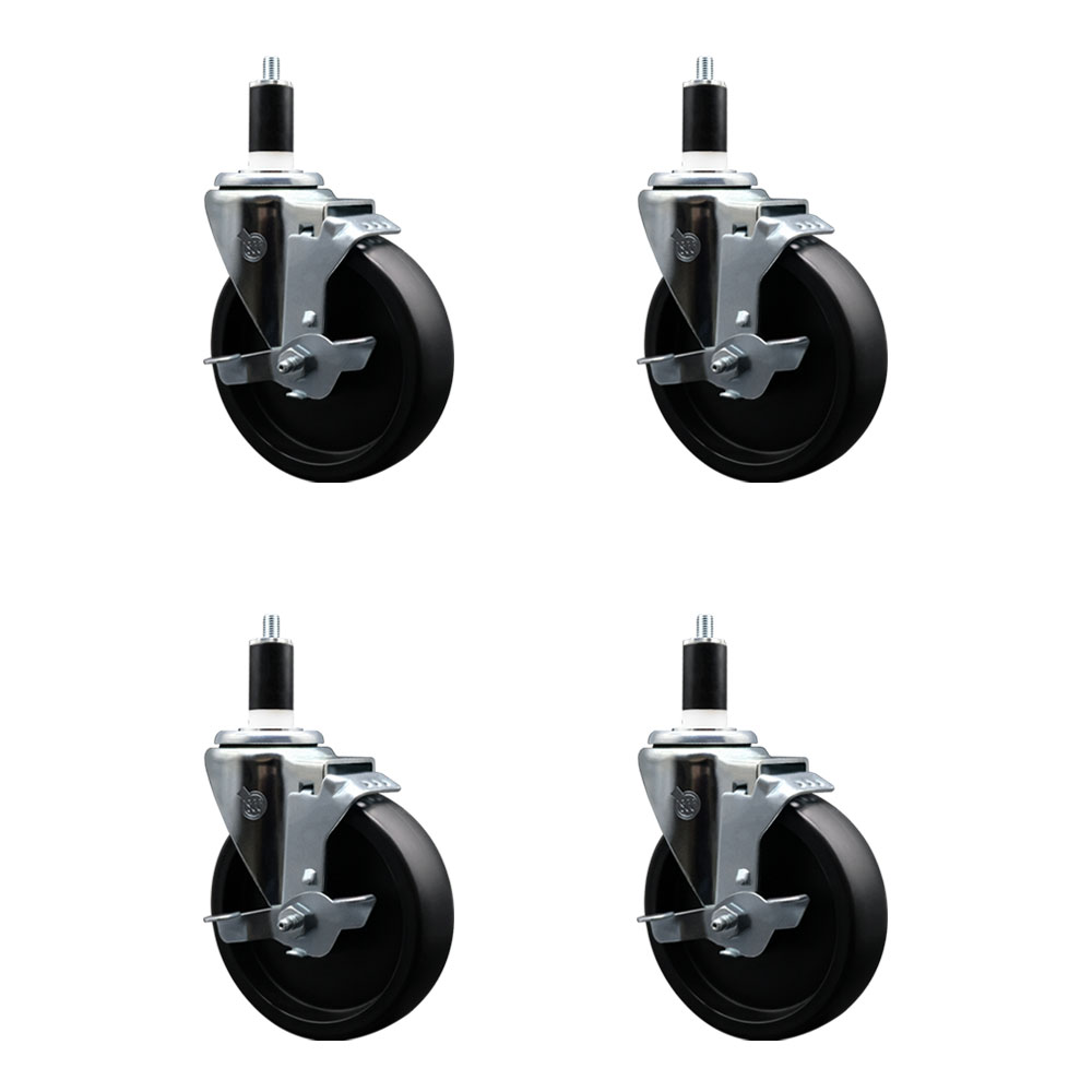 Polyolefin Swivel Expanding Stem Caster Wheels Set of 4 with 5 Inch Black Wheels and 1-3/8" Stems - Includes 4 Swivel with Top Lock Brakes - 1400 lbs. Total Capacity - Service Caster Brand — photo 1