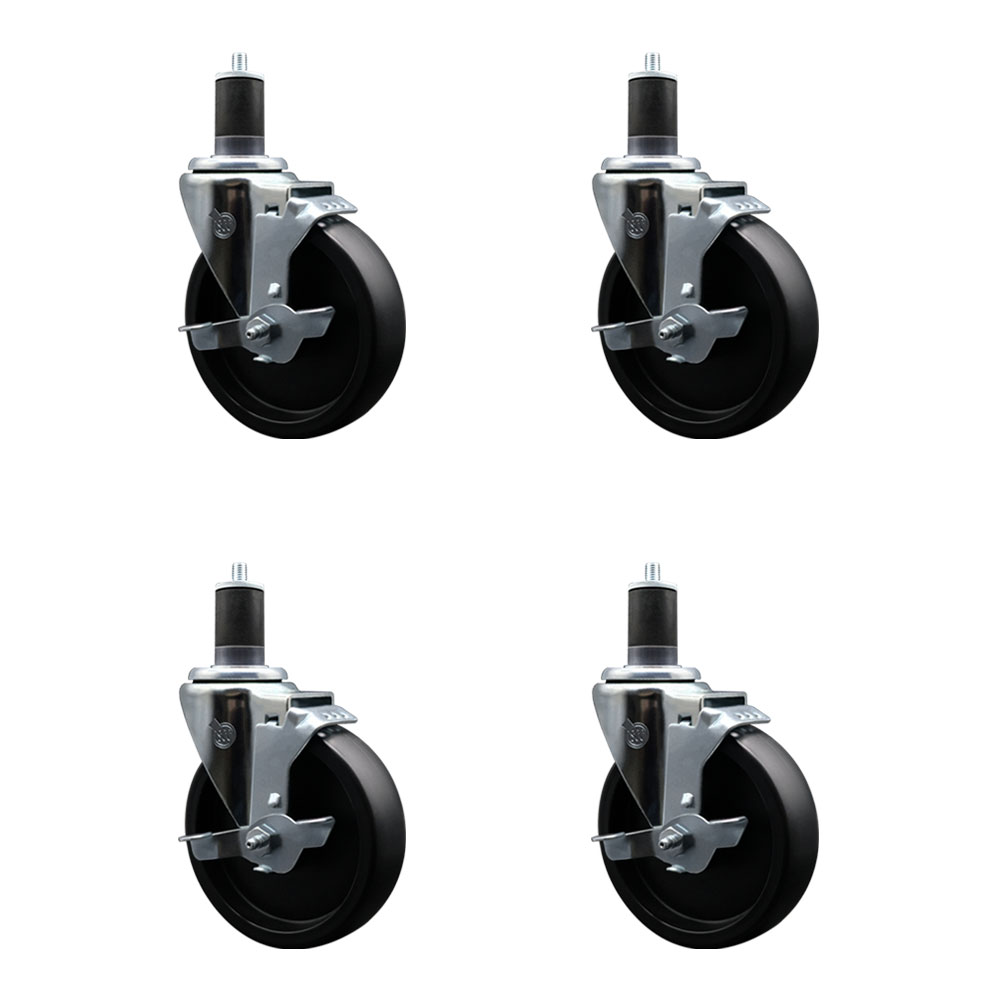 Polyolefin Swivel Expanding Stem Caster Wheels Set of 4 with 5 Inch Black Wheels and 1-5/8" Stems - Includes 4 Swivel with Top Lock Brakes - 1400 lbs. Total Capacity - Service Caster Brand — photo 1
