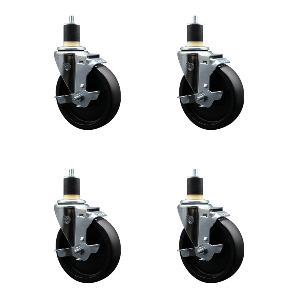 Polyolefin Swivel Expanding Stem Caster Wheels Set of 4 with 5 Inch Black Wheels and 1-7/8" Stems - Includes 4 Swivel with Top Lock Brakes - 1400 lbs. Total Capacity - Service Caster Brand — photo 1