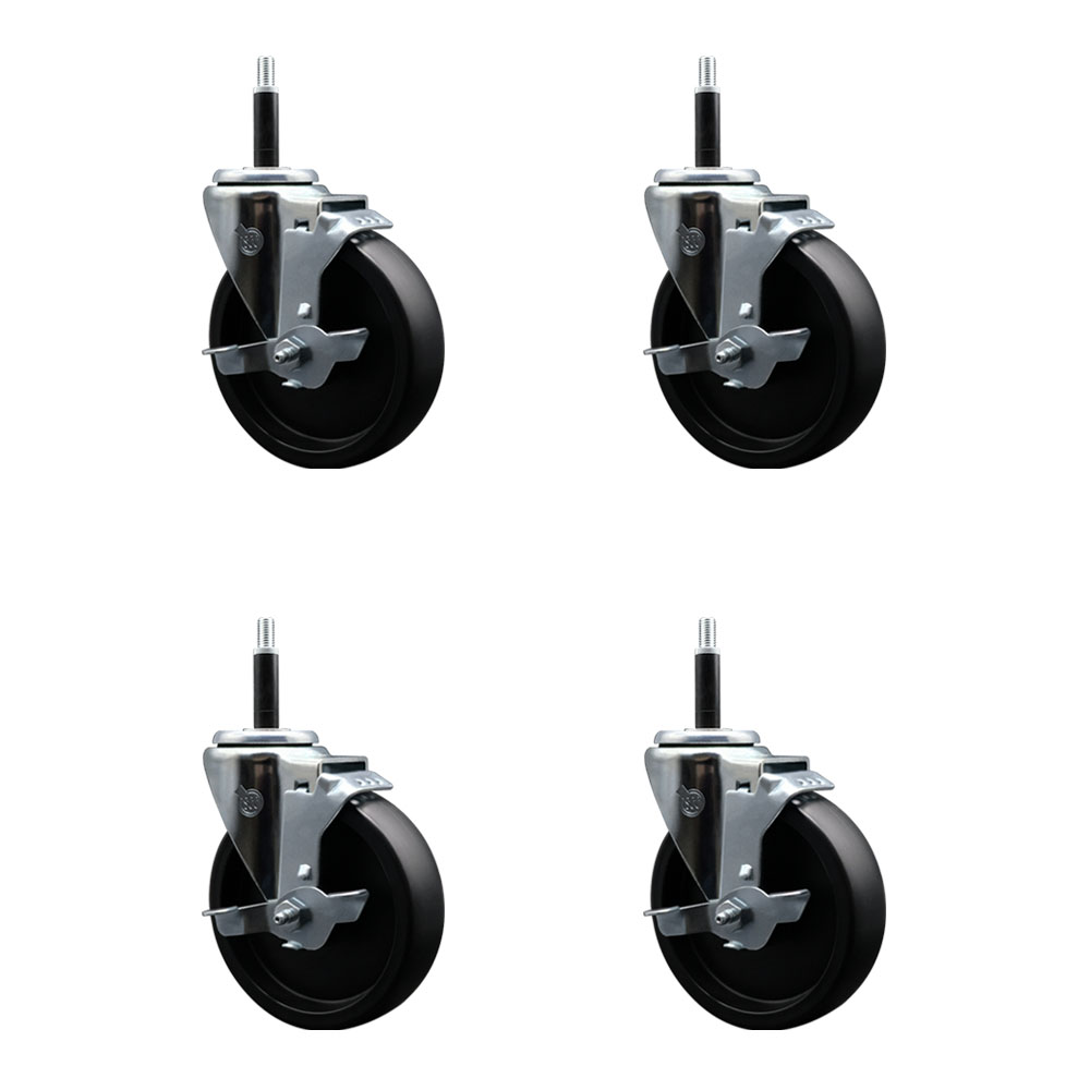 Polyolefin Swivel Expanding Stem Caster Wheels Set of 4 with 5 Inch Black Wheels and 3/4" Stems - Includes 4 Swivel with Top Lock Brakes - 1400 lbs. Total Capacity - Service Caster Brand — photo 1