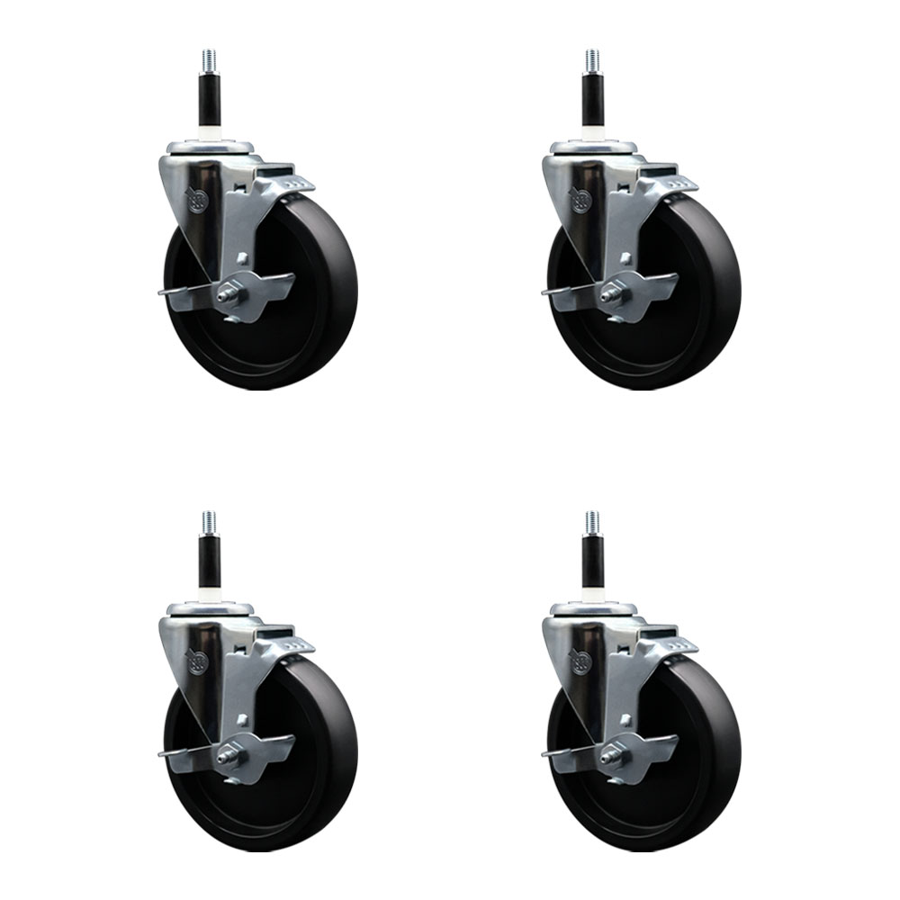 Polyolefin Swivel Expanding Stem Caster Wheels Set of 4 with 5 Inch Black Wheels and 7/8" Stems - Includes 4 Swivel with Top Lock Brakes - 1400 lbs. Total Capacity - Service Caster Brand — photo 1