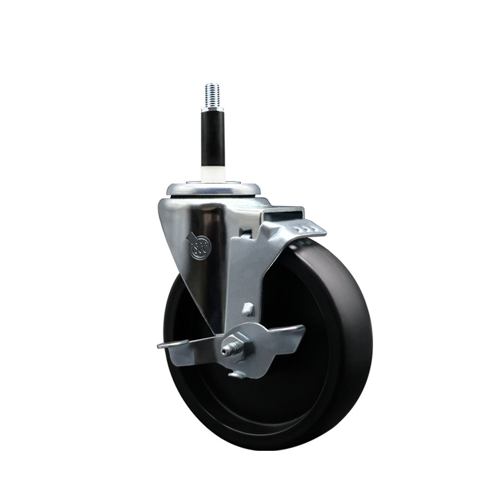 Polyolefin Expanding Stem Swivel Caster Wheel with 5 Inch Black Wheel and 7/8" Stem and Top Lock Brake - 350 lbs. Capacity Per Caster - Service Caster Brand — photo 1