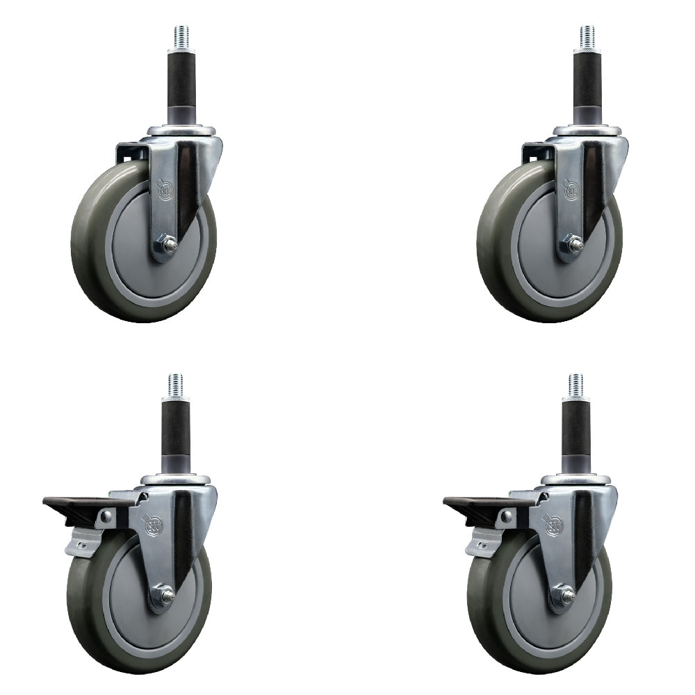Polyurethane Swivel Expanding Stem Caster Set of 4 with 5 Inch Gray Wheels and 1" Stems - Includes 2 with Posi Locking Brakes - 1400 lbs Total Capacity - Service Caster Brand — photo 1