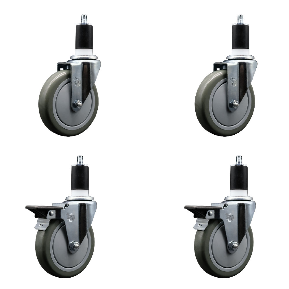 Polyurethane Swivel Expanding Stem Caster Set of 4 with 5 Inch Gray Wheels and 1-1/2" Stems - Includes 2 with Posi Locking Brakes - 1400 lbs Total Capacity - Service Caster Brand — photo 1