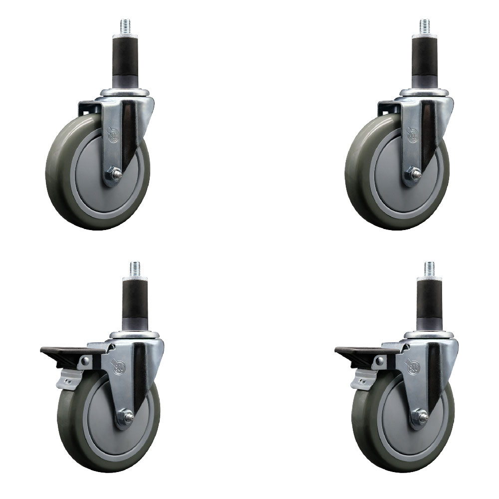 Polyurethane Swivel Expanding Stem Caster Set of 4 with 5 Inch Gray Wheels and 1-1/4" Stems - Includes 2 with Posi Locking Brakes - 1400 lbs Total Capacity - Service Caster Brand — photo 1