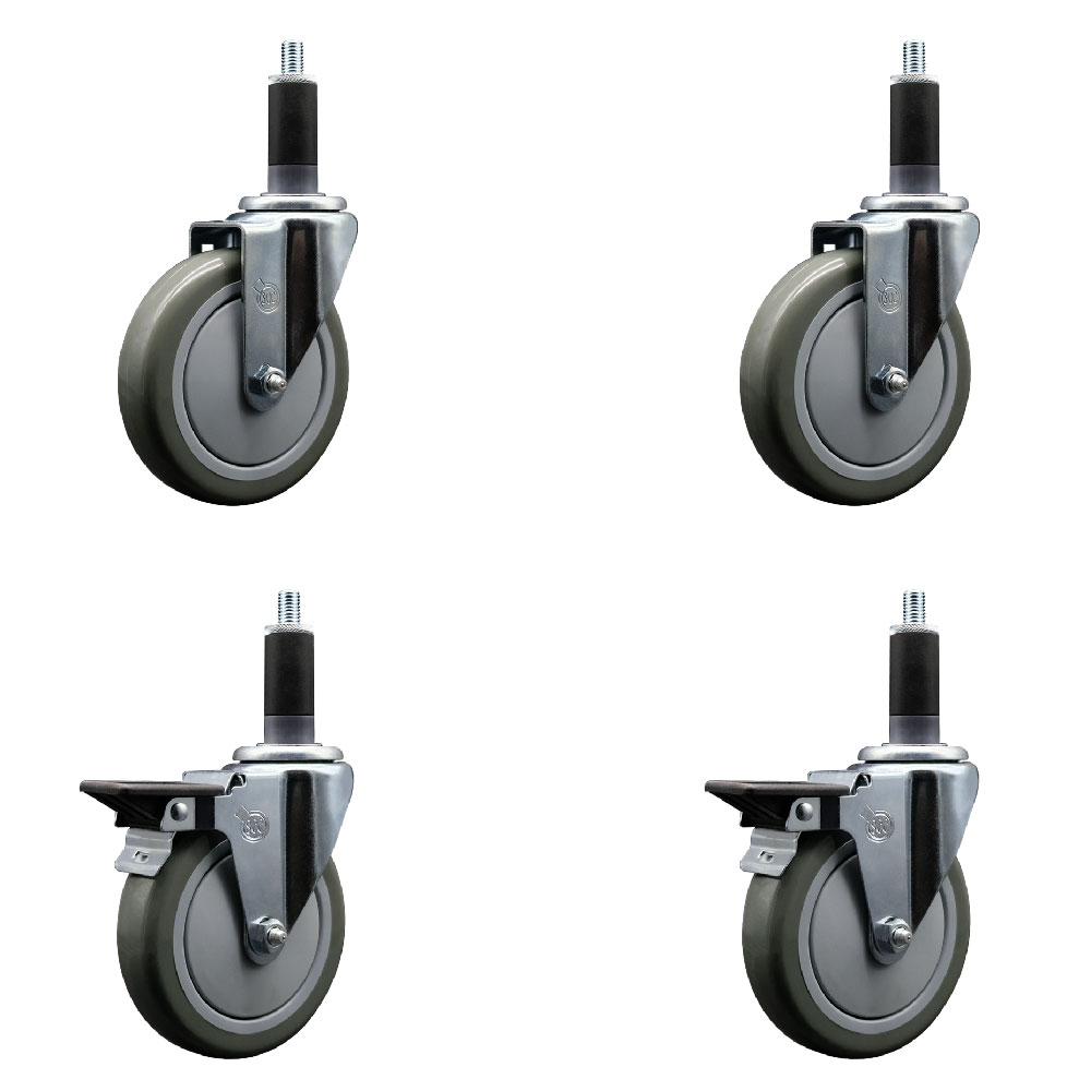 Polyurethane Swivel Expanding Stem Caster Set of 4 with 5 Inch Gray Wheels and 1-1/8" Stems - Includes 2 with Posi Locking Brakes - 1400 lbs Total Capacity - Service Caster Brand — photo 1