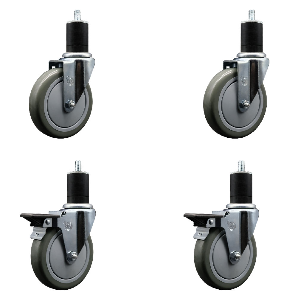 Polyurethane Swivel Expanding Stem Caster Set of 4 with 5 Inch Gray Wheels and 1-3/4" Stems - Includes 2 with Posi Locking Brakes - 1400 lbs Total Capacity - Service Caster Brand — photo 1