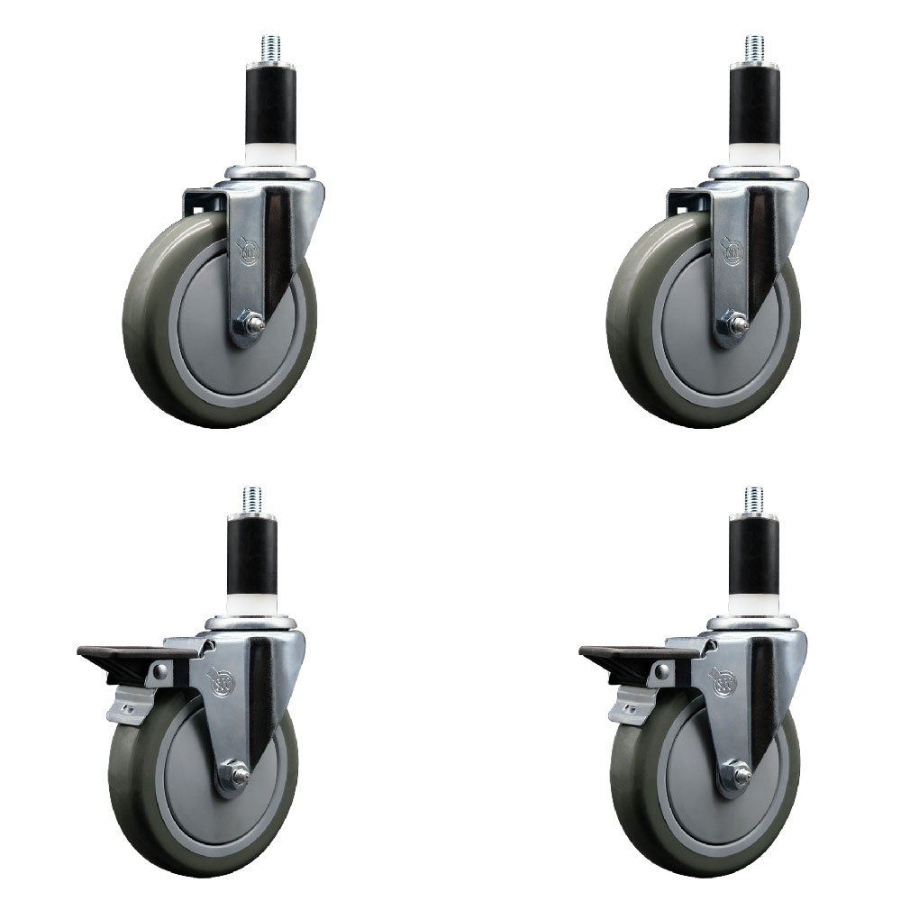 Polyurethane Swivel Expanding Stem Caster Set of 4 with 5 Inch Gray Wheels and 1-3/8" Stems - Includes 2 with Posi Locking Brakes - 1400 lbs Total Capacity - Service Caster Brand — photo 1