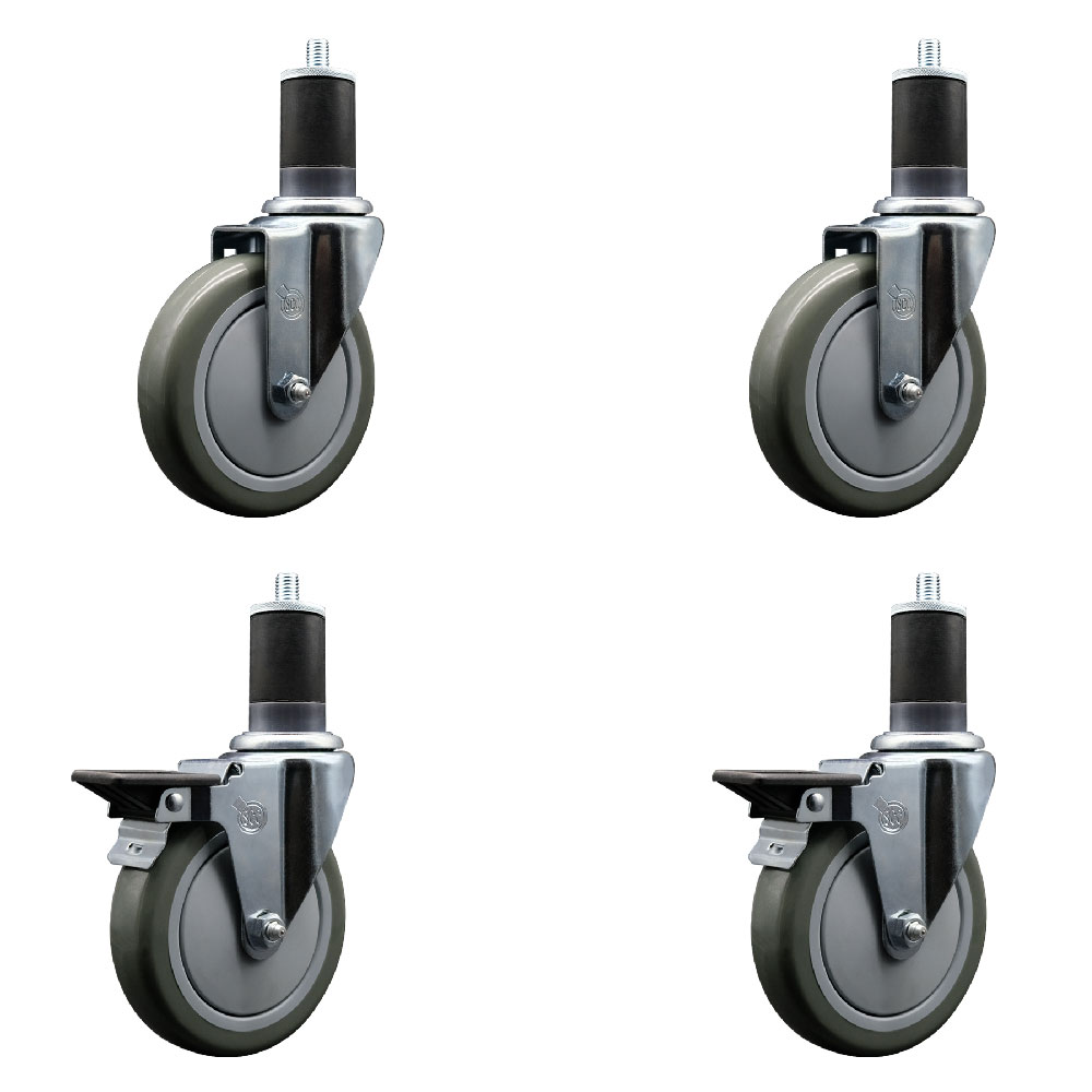 Polyurethane Swivel Expanding Stem Caster Set of 4 with 5 Inch Gray Wheels and 1-5/8" Stems - Includes 2 with Posi Locking Brakes - 1400 lbs Total Capacity - Service Caster Brand — photo 1