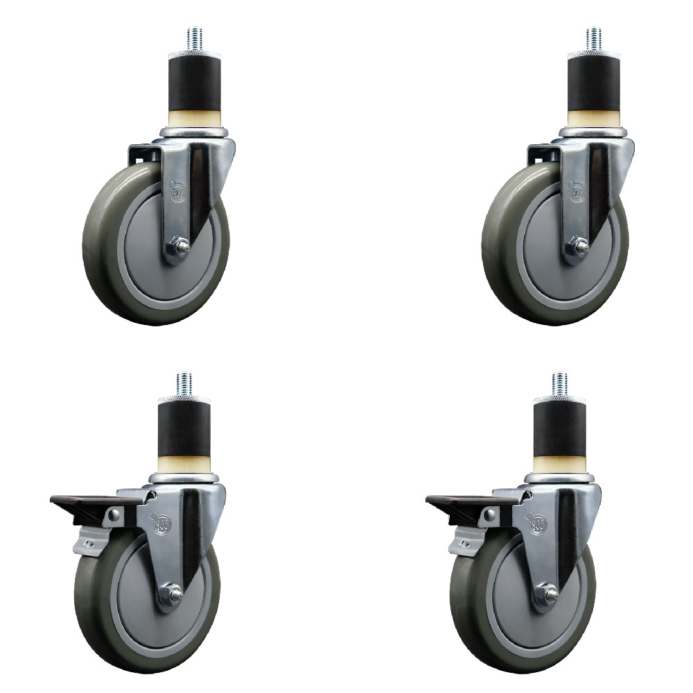 Polyurethane Swivel Expanding Stem Caster Set of 4 with 5 Inch Gray Wheels and 1-7/8" Stems - Includes 2 with Posi Locking Brakes - 1400 lbs Total Capacity - Service Caster Brand — photo 1